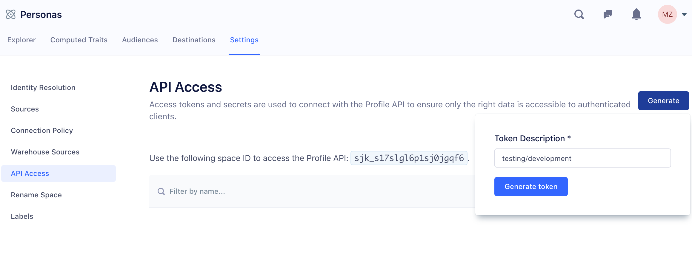 Generating an API access token in Personas