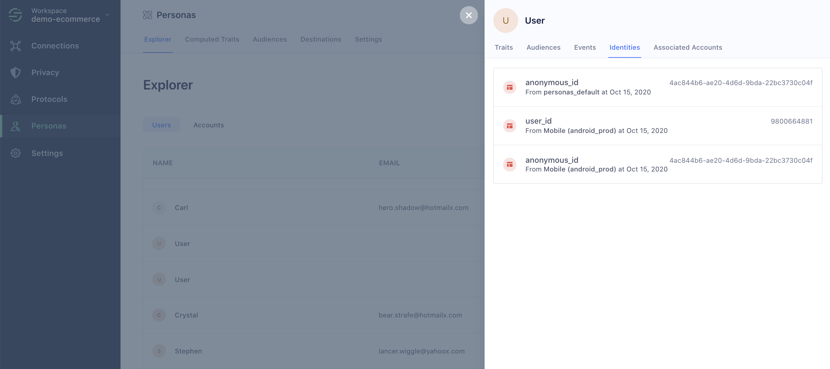 Retrieving a user's identifiers with the Personas Explorer