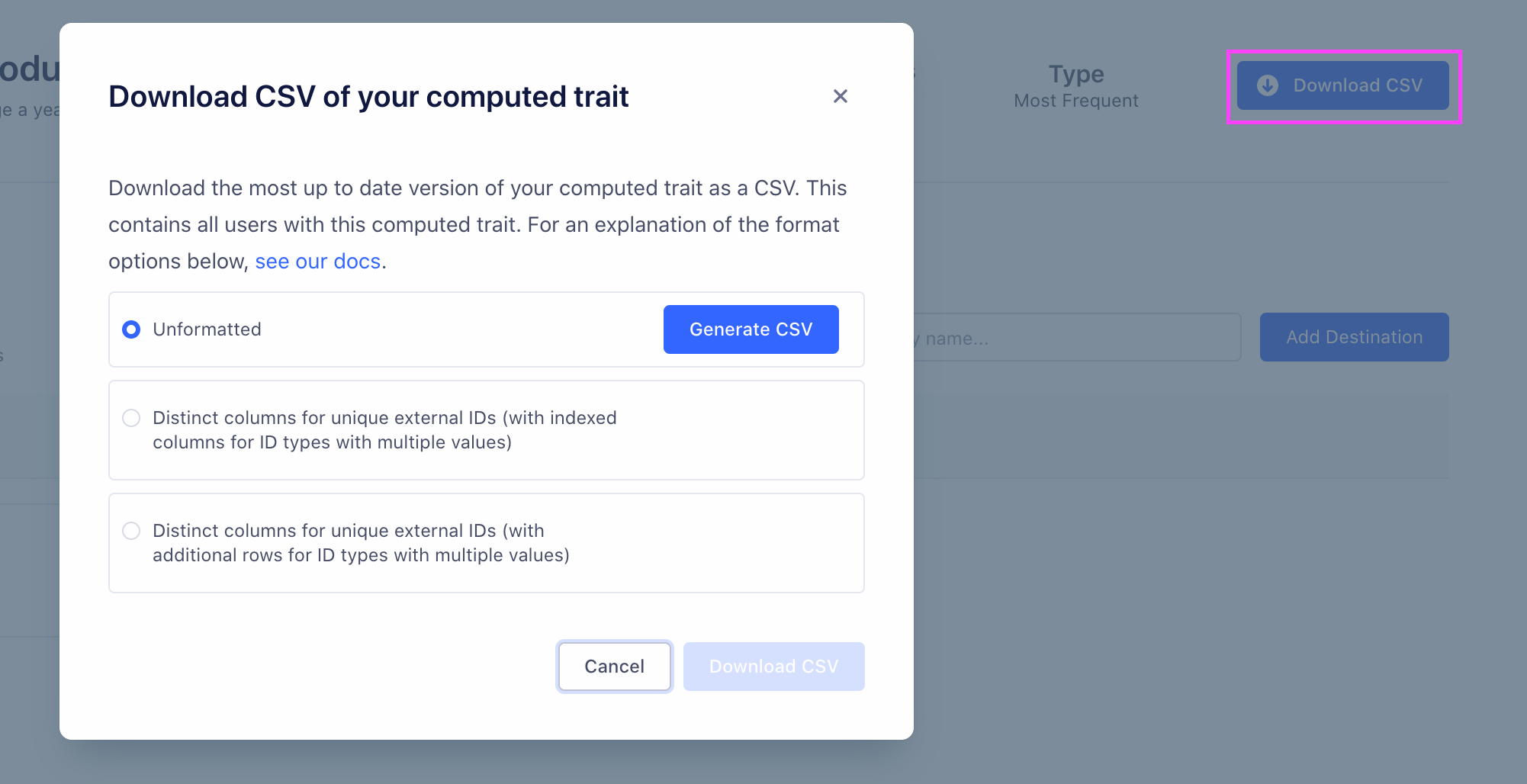 Downloading a CSV file of computed traits in the Segment